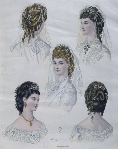 Frisyrer, illustration från La Mode illustree, 1872 (färggravyr) av French School