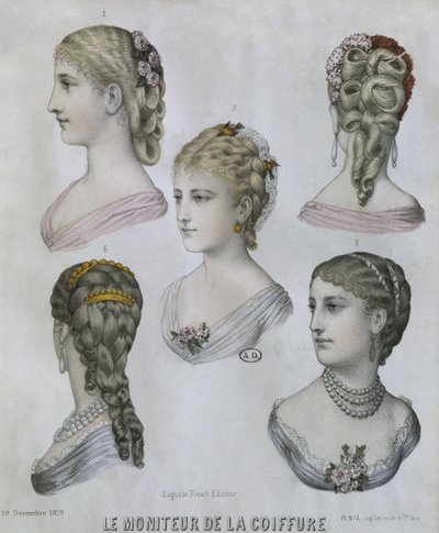 Frisyrer, illustration från Le Moniteur de la Coiffure, 10 december 1879 (färggravyr) av French School