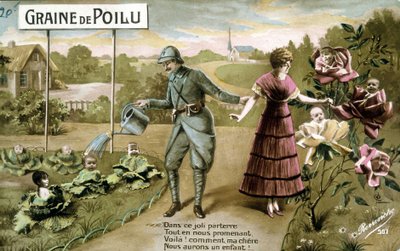 Håriga frö: I detta härliga golv Medan vi går, varsågod! hur min kära vi ska få ett barn - Vykort vid födseln, v. 1914 av French School