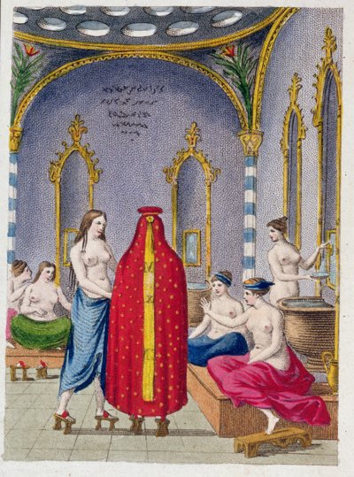 Hammam i Turkiet, illustrerad tallrik från Moeurs, usages et costumes des ottomans av A. Castellan, Paris, ca 1810 av French School