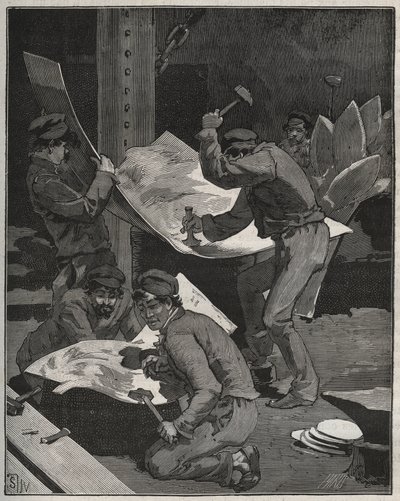 Hamra och sätta ihop delar av Frihetsgudinnan gjorda av Frederic Auguste Bartholdi (1834-1905). Gravyr från 1880 i "" Les arts et metiers illustres"" av Adolphe BITARD. av French School
