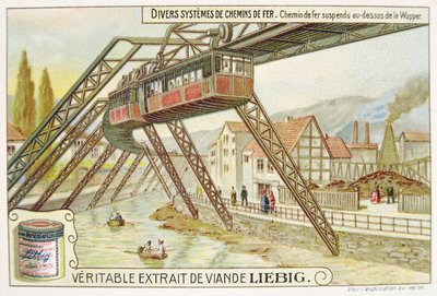 Hängande tåg på Wupperfloden, reklamkort för Veritable Extrait de Viande Liebig av French School