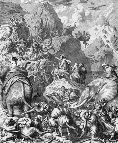 Hannibal korsar Alperna med elefanter för att anlända till Italien (II Punic War). Gravyr av 1800-talet. av French School