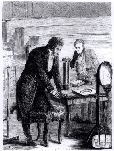 Hans Christian Oersted (1777-1851) upptäckte magnetnålens avvikelse av sluten ström 1820, från Les Merveilles de la Science av Louis Figuier (1819-94), 1867 av French School