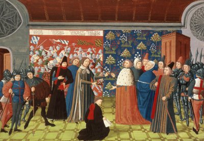 Harl.4380 f.184v Richard II ger kronan till Earl of Derby, från Froissarts Chronicle, Vol IV (vellum) av French School