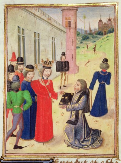 Harl 4380 f.233v Froissart presenterar sin bok för Richard II, från Froissarts Chronicle, Vol IV (vellum) av French School