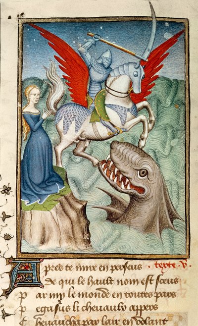 Harl 4431 f. 98v Andromeda räddad från monstret av Perseus som rider Pegasus, parisisk kopia, c.1410-11 (vellum) av French School