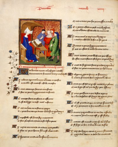Harley 4431 volym II, f.259v Miniatyr av en kvinna som läser moraliska ordspråk i början av 