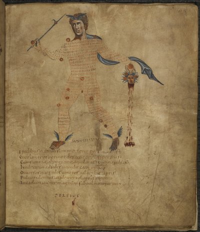 Harley 647, f.4 Illustration av Perseus, en hjälte från den grekiska mytologin, med huvudet av den ormhåriga Medusa, med text eller scholia inom konstellationens gestalt, från 