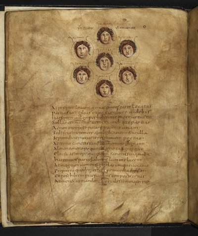 Harley 647, f.4v Illustration av Plejadernas ansikten, sju systrar som levde i himlen som stjärnor, med deras namn inskrivna runt omkring, från 