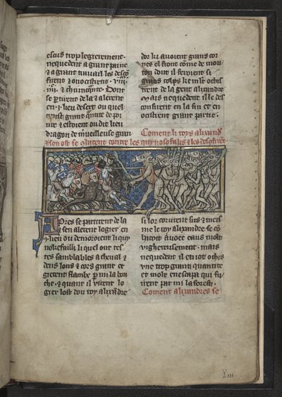 Harley MS 4979 f.72r Alexander som bekämpar män med hästhuvuden, från 