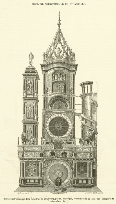 Astronomisk klocka i Strasbourgs katedral (gravyr) av French School