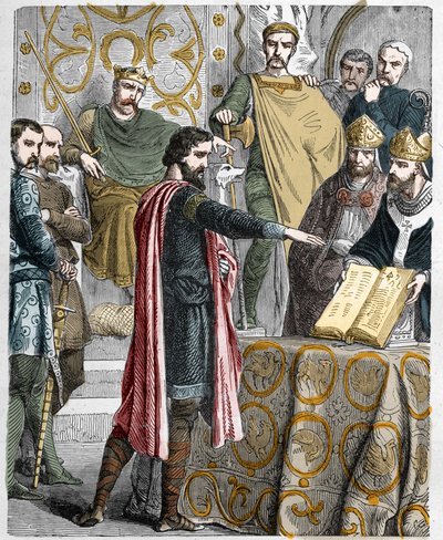 Harold II (1020-1066) kröner den sista anglosaxiska kungen 1064, svurit på de heliga relikerna inför Vilhelm I Erövraren för att stödja hans sak på Englands tron vid biktfadern Edwards död. av French School