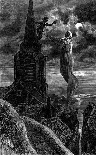 Han dök upp i kyrkans klocktorn. Gravyr som illustrerar romanen "Eld och låga" av Zenaide Fleuriot. I "Le Journal de la jeunesse" av French School