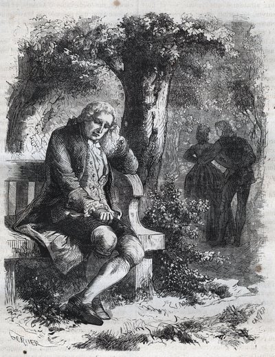Han hörde viskningen av en kyss." Den schweiziske filosofen Jean Jacques (Jean-Jacques) Rousseau (1712-1778) överraskar sin följeslagare Marie-Therese (Marie Therese) Le Vasseur (Levasseur) (1721-1801) i fullt äktenskapsbrott. Gravyr från 1871 i ”Histoire  av French School