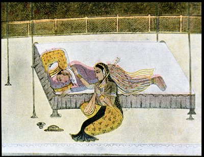 Han är ingenting utan musik, illustration för The Arabian Nights, 1895 (färgstick) av French School