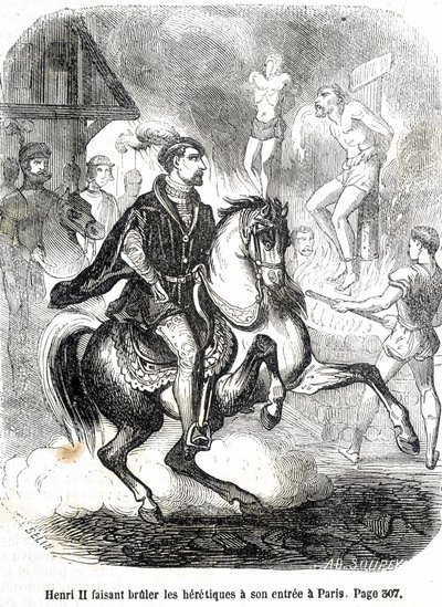 Henri II (1519 - 1559) får kättarna att brinna vid sin ingång till Paris - i "Histoire de France" av L.-P. Anquetil av French School
