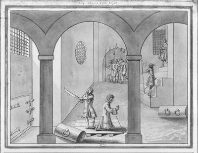 Henri II, hertug af Montmorency halshugget i Toulouse den 30. oktober 1632 (pen og blæk og vask på papir) swed av French School