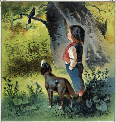 Henri observerar en koltrast på en gren i skogen och återgår till sitt liv om han var en fågel. Kromolitografi från "" Childhood Scenes"" ed. Guerin - Muller cirka 1885. av French School