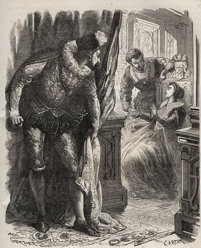 Henry (Henry) Stuart dit Lord Darnley (1545-1567) överraskade sin fru, drottning Mary (Mary) Iere Stuart (1542-1587), med sin privatsekreterare, David Rizzio (d. 1566). Gravyr från 1871 i "Histoire Des Cocuses Celebres"" av Henry de Kock (1819-1892). av French School