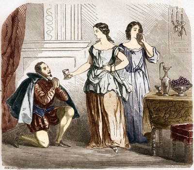 Henrik IV (1553-1610), kung av Frankrike, betjänad av halvnakna kvinnor. Gravyr i "Prostitutionens och utsvävningens historia bland alla världens folk från antiken till våra dagar" av Dr Th. -F. Debray. 1879. av French School