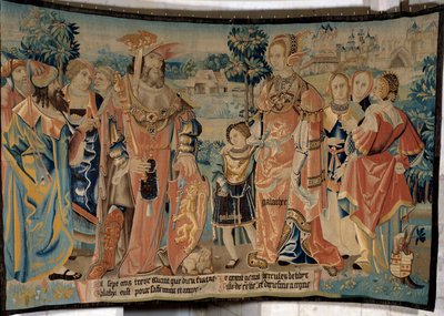 Herkules av Libyen med sin fru Galathee och hans son Galathes omgiven av sina hovmän framför staden Alexia 1713 f.Kr. Gobeläng av "The fabulous history of the Gaules"" gjord av Arras verkstad. 1530 Beauvais, departementsmuseet i th av French School