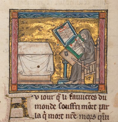 Eremit skriver vid ett skrivbord, miniatyr från "Estoire del Saint Graal, La Queste del Saint Graal, Morte Artu", c.1315-25 (bläck på pergament) av French School