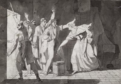 Hjältemod av en kvinna som ställs inför venediska rövare efter att ha fått kontroll över Saint-Mithier, 1793 (se även 217884) av French School