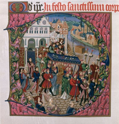 Historikert initial D som visar en religiös procession på Place de Greve, Paris på 1400-talet (faksimilupplaga av Missel de Jouvenel des Ursins) av French School