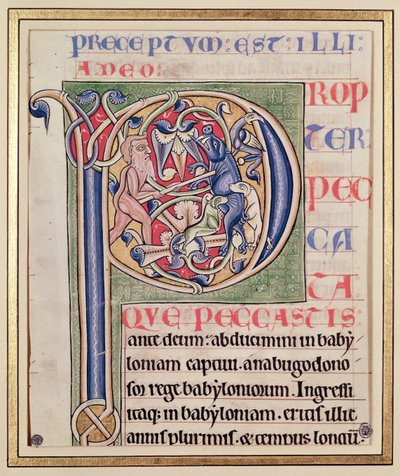 Historiserad initial "P" som föreställer en vildsvinsjakt, från Bibeln från Saint-Andre aux-Bois. av French School