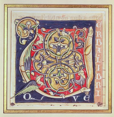Historikert initial U som visar ett sammanflätat mönster och fantastiska djur, från Bibeln från Saint-Andre aux-Bois av French School