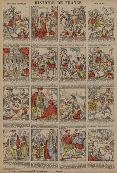 Frankrikes historia från Karl VIII:s död till massakern på S:t Bartolomeusdagen (färglitografi) av French School