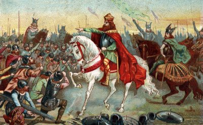 Galliens historia under medeltiden: Germanska saxare som knäböjer inför kung Karl den Store (742 - 814) som vann krigen. Kromolitografi från slutet av 1800-talet. av French School