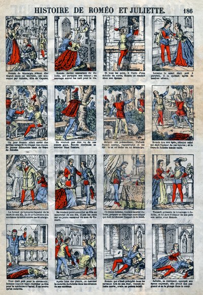 Romeo och Julias historia efter William Shakespeares pjäs (1564-1616). Epinal avbildning från slutet av 1800-talet. av French School