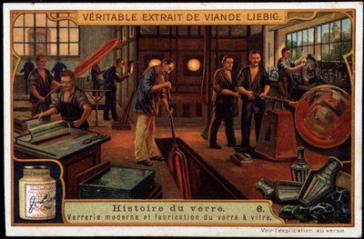 Glasets historia: Moderna glasföremål och glastillverkning i slutet av 1800-talet. Liebig-kromolitografi från slutet av 1800-talet. av French School