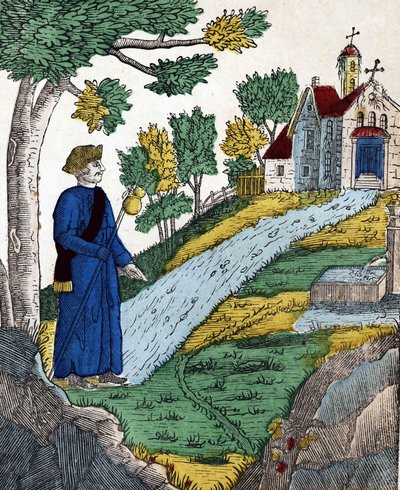 Historien om de fyra sönerna Aymon; Maugis, efter att ha gjort Karl den Store till fånge, gick till ett eremitage för att göra bot där, en bild av en ryggrad från 1800-talet. av French School