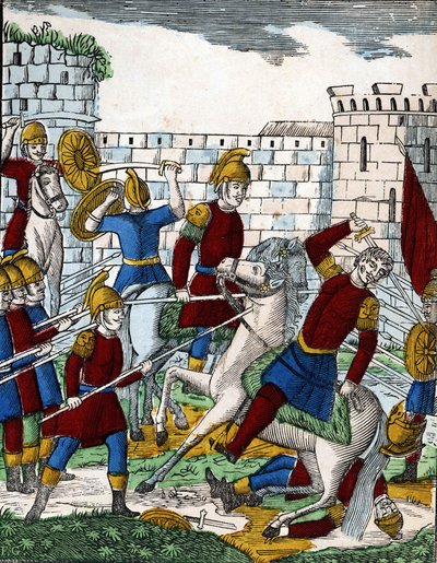 Historien om de fyra sönerna Aymon; Förrädaren Ganélon, som hamnat i bakhåll i Soissons-dalen, dödar hertigen av Beauves d