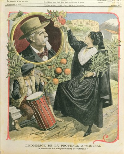 Homage till Frederic Mistral (1830-1914) på femtioårsdagen av utgivningen av Mireille, illustration från Le Petit Journal, 30 maj 1909 av French School