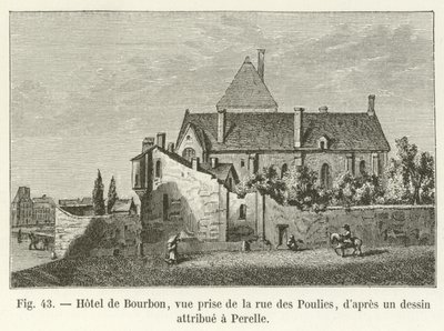 Hôtel de Bourbon, vy tagen från rue des Poulies, efter en teckning tillskriven Perelle av French School