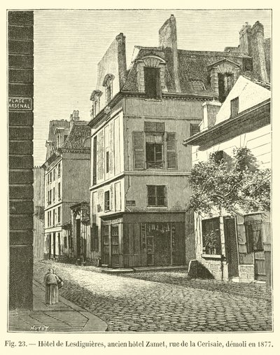 Hotel de Lesdiguieres, tidigare hotell Zamet, rue de la Cerisaie, revs 1877 av French School