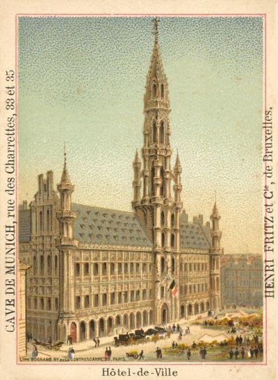 Hotel de Ville, Grand Place, Bryssel (chromolitho) av French School
