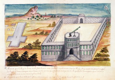 Hus och observatorium byggt av kungen av Siam för jesuitmatematikerna, från en redogörelse för jesuiterna i Siam, 1688 (wc på papper) av French School