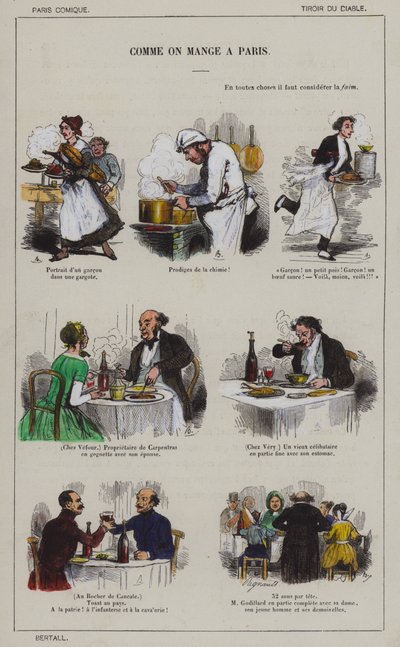 Hur man äter i Paris (färg litho) av French School
