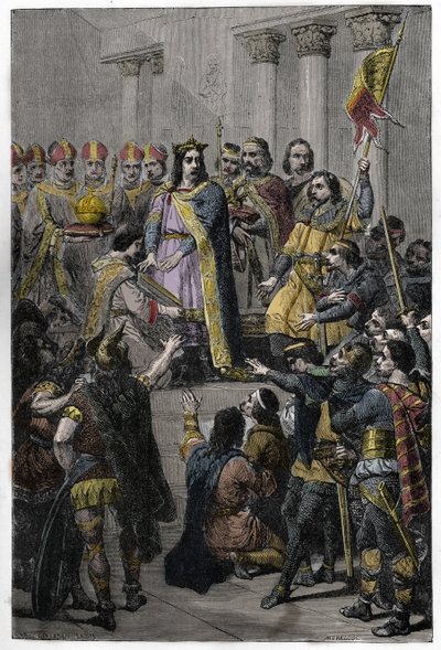 Hugh Capet valdes till kung - kröning av Hugues Capet (ca 941-996), kung av Frankrike, 3 juli 987 i Noyon, av Adalberon (ca 925-990), arkevek i Reims. av French School