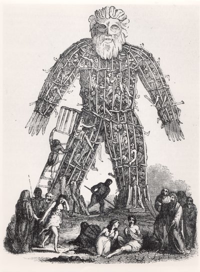 Människooffer av galliska druider i en flätad man, från Magasin Pittoresque, 1833 av French School