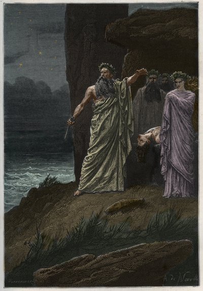 Människooffer av druiden efter Alphonse de Neuville - Druider som erbjuder människooffer - gravyr från "" Frankrikes historia berättad för mina barnbarn"" - av Francois Guizot - 1872-1876 av French School