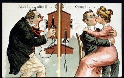 Humoristiskt vykort på telefonen, deb. 1900-talet. av French School