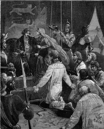Hundraåriga krig. Borgerskapet i Calais: förtäring av Eustache av St. Peter och hans följeslagare till kung Edward III av England ber om deras nåd, med stöd av drottning Philippa av Hainaut (1311-1369). av French School