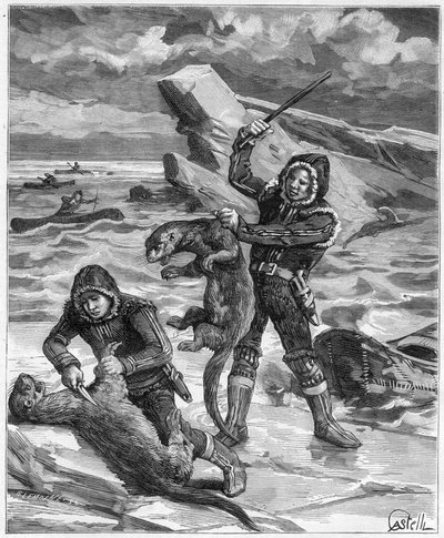 Jägare uttrar i Alaska - jägare av Alaska uttrar 1888 - Gravering i "" Journal des Voyages""" 1888 av French School