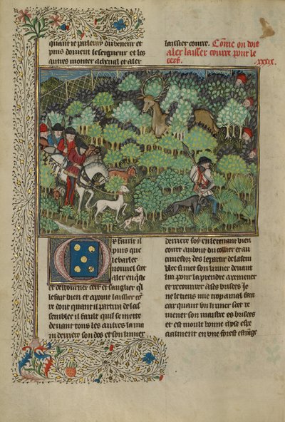 Jägare som förföljer en hjort, ca 1430-40 (temperafärger, guldfärg, silverfärg och bladguld) av French School